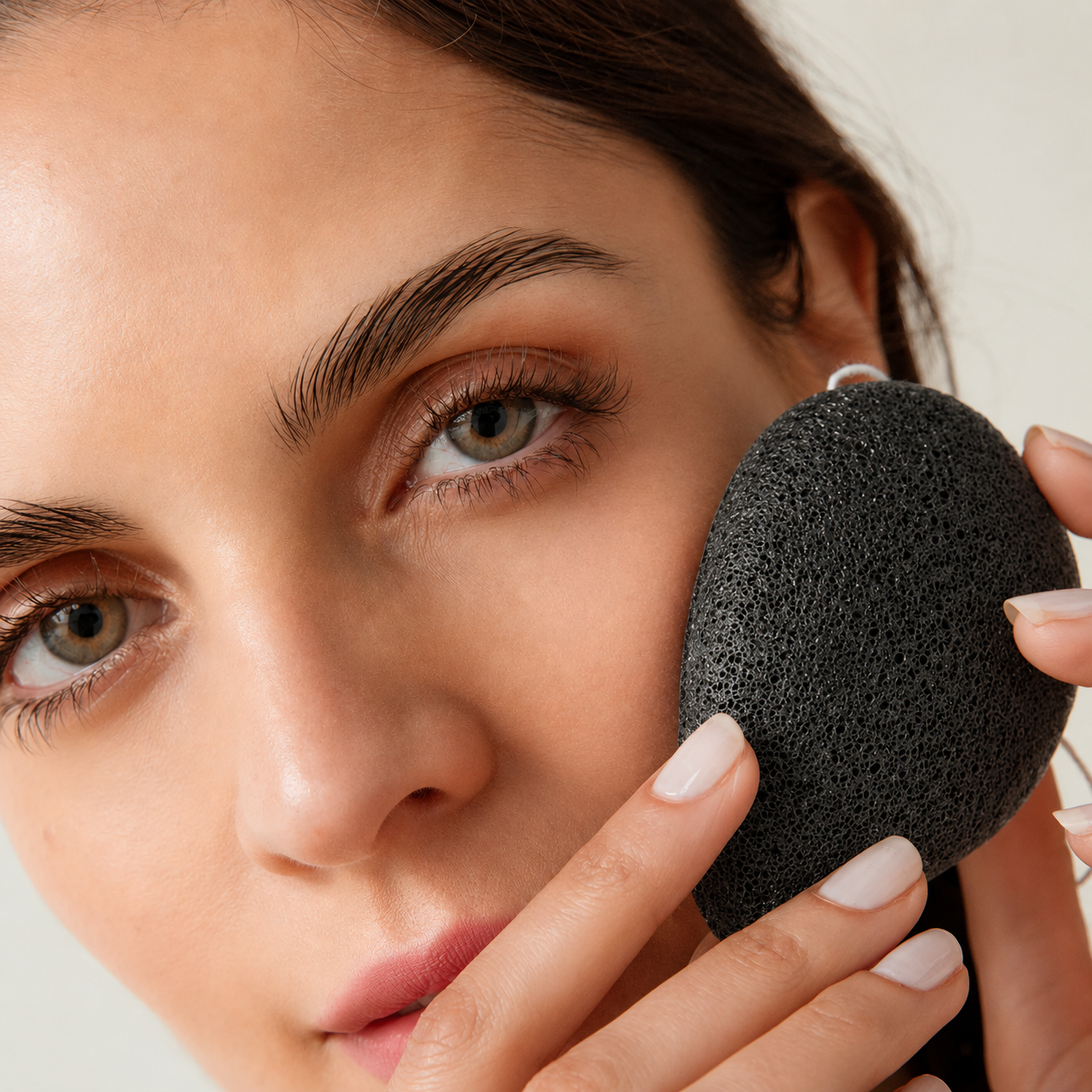 Woman gently cleansing her face with a purifying bamboo charcoal konjac sponge.