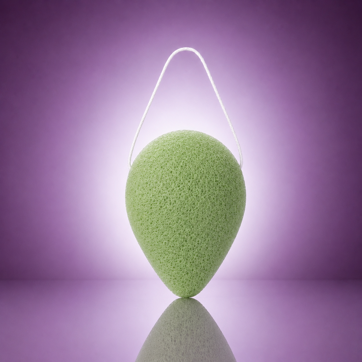 Antioxidant green tea konjac sponge with a white hanging string on a soft purple background.