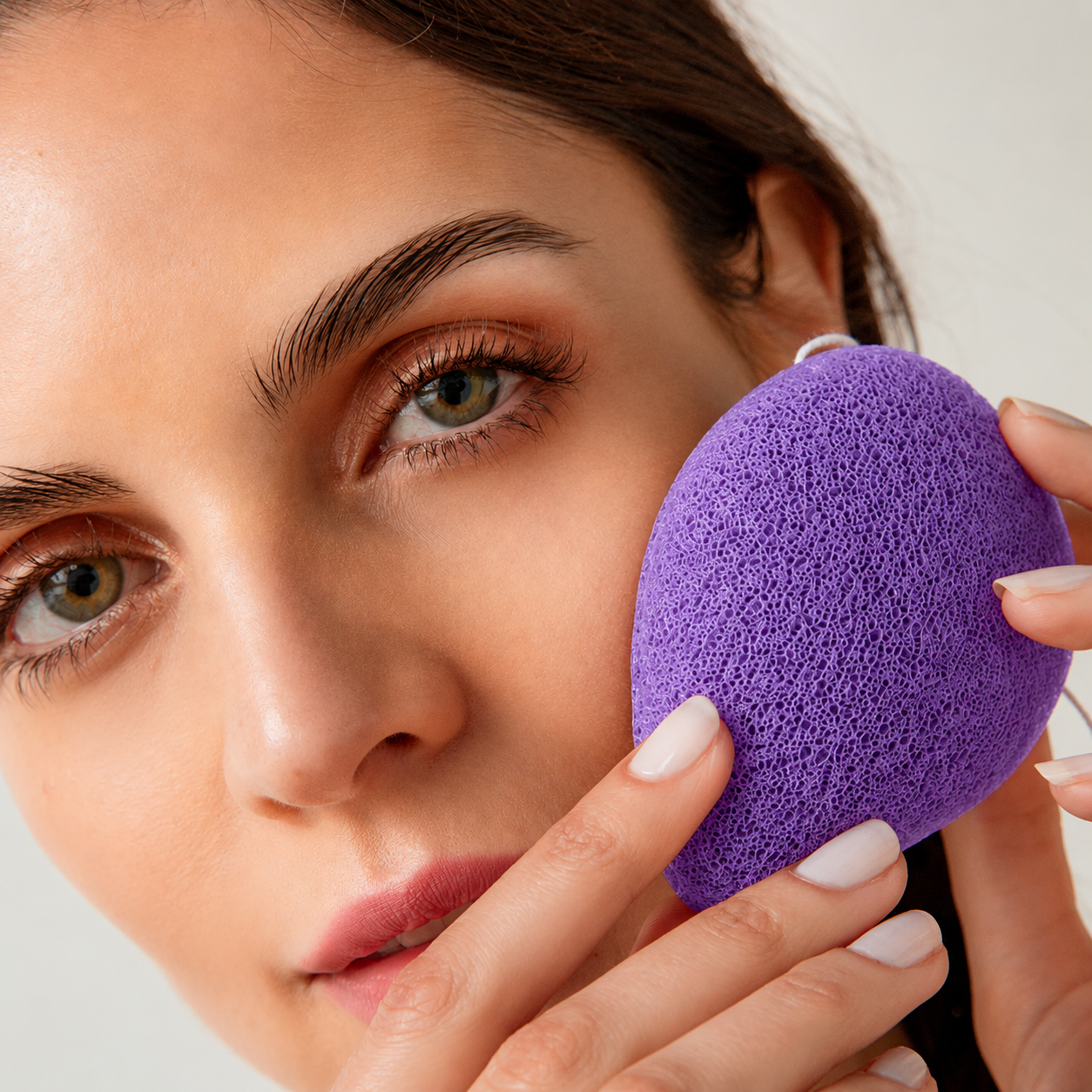 Woman gently cleansing her face with a lavender konjac facial sponge.