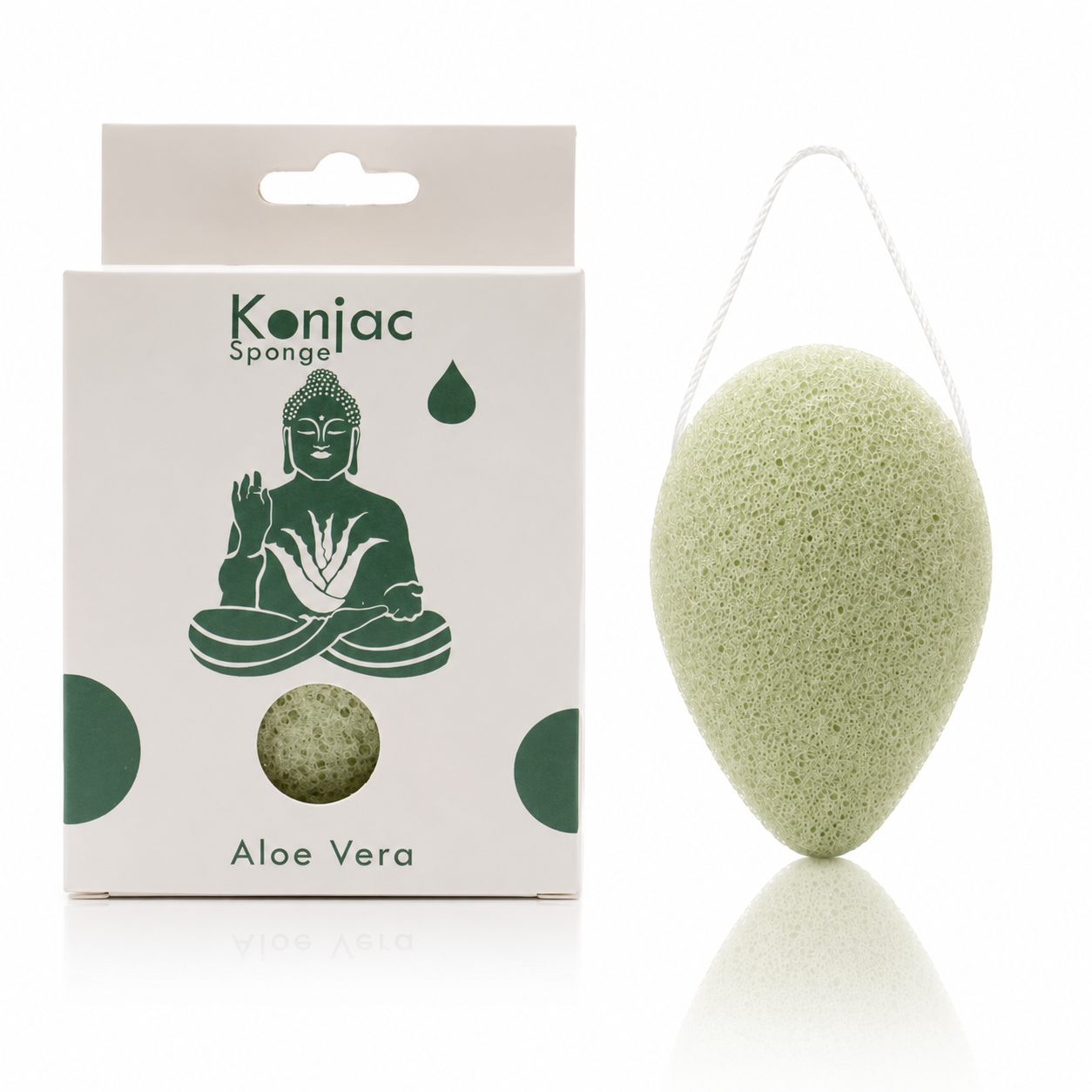 Aloe vera konjac facial sponge with its product packaging on a clean white background.