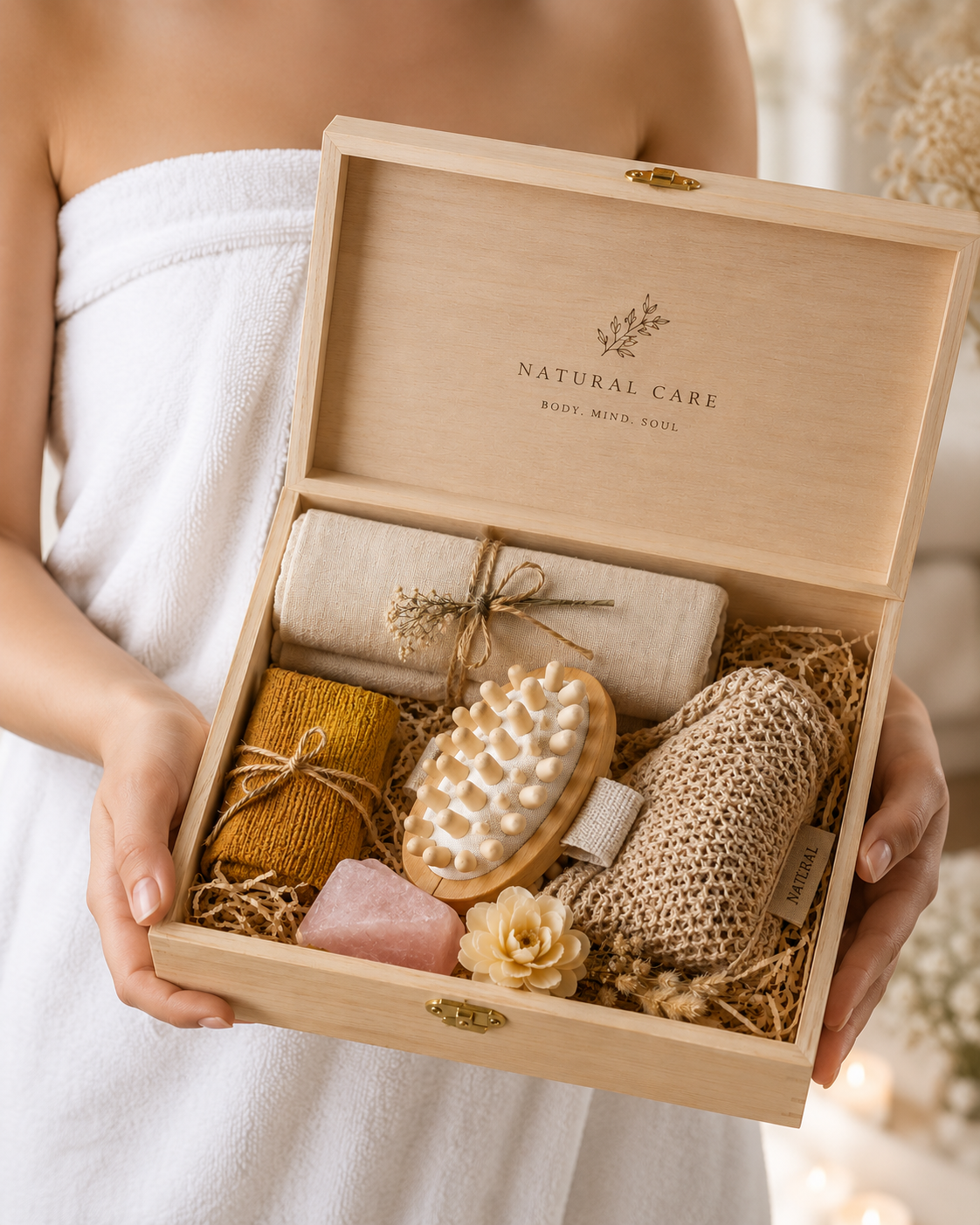 Person holding a wooden gift box with natural care products.