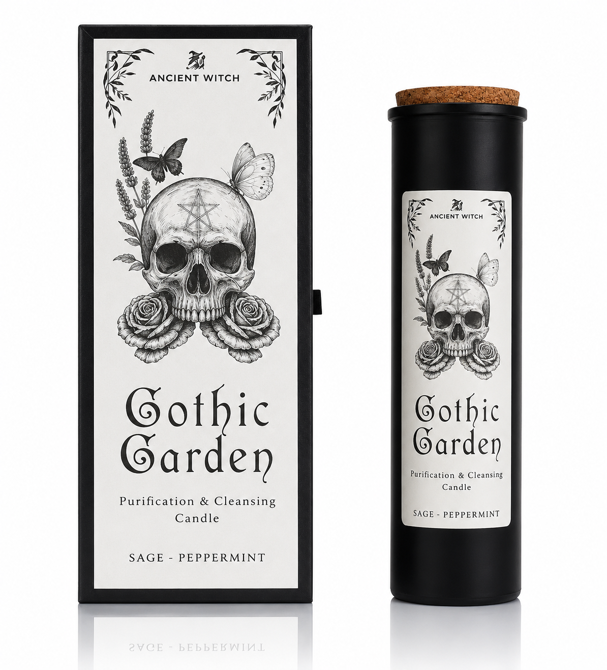 Gothic Garden candle packaging with skull and floral design on a white background