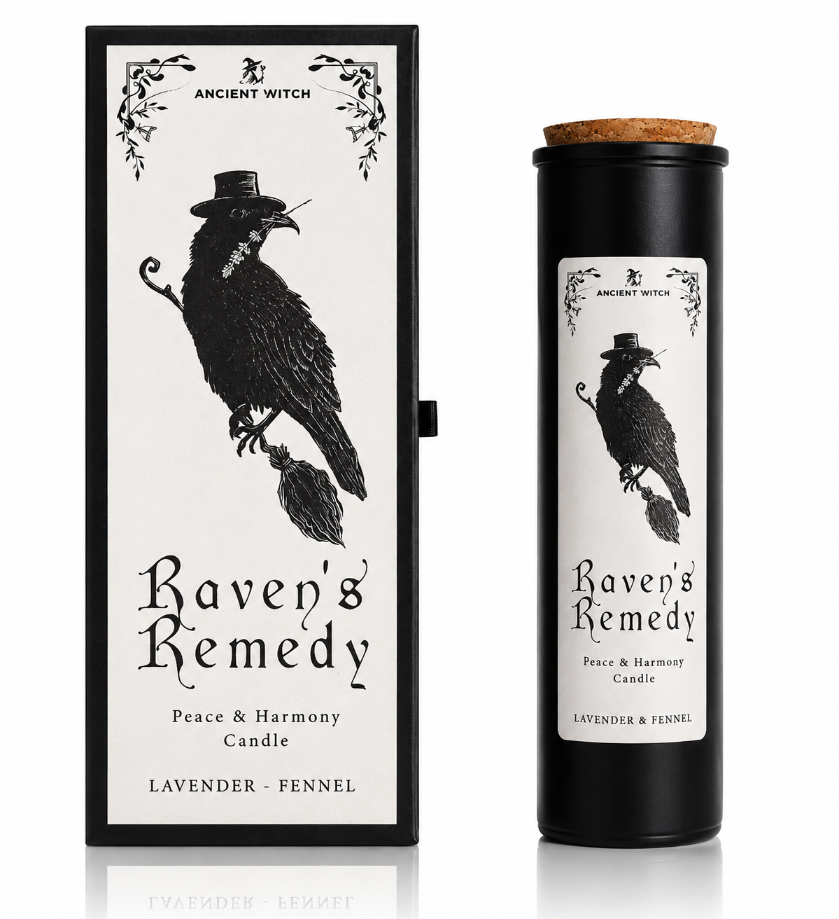 Candle packaging with a raven design labeled 'Raven's Remedy' on a white background.