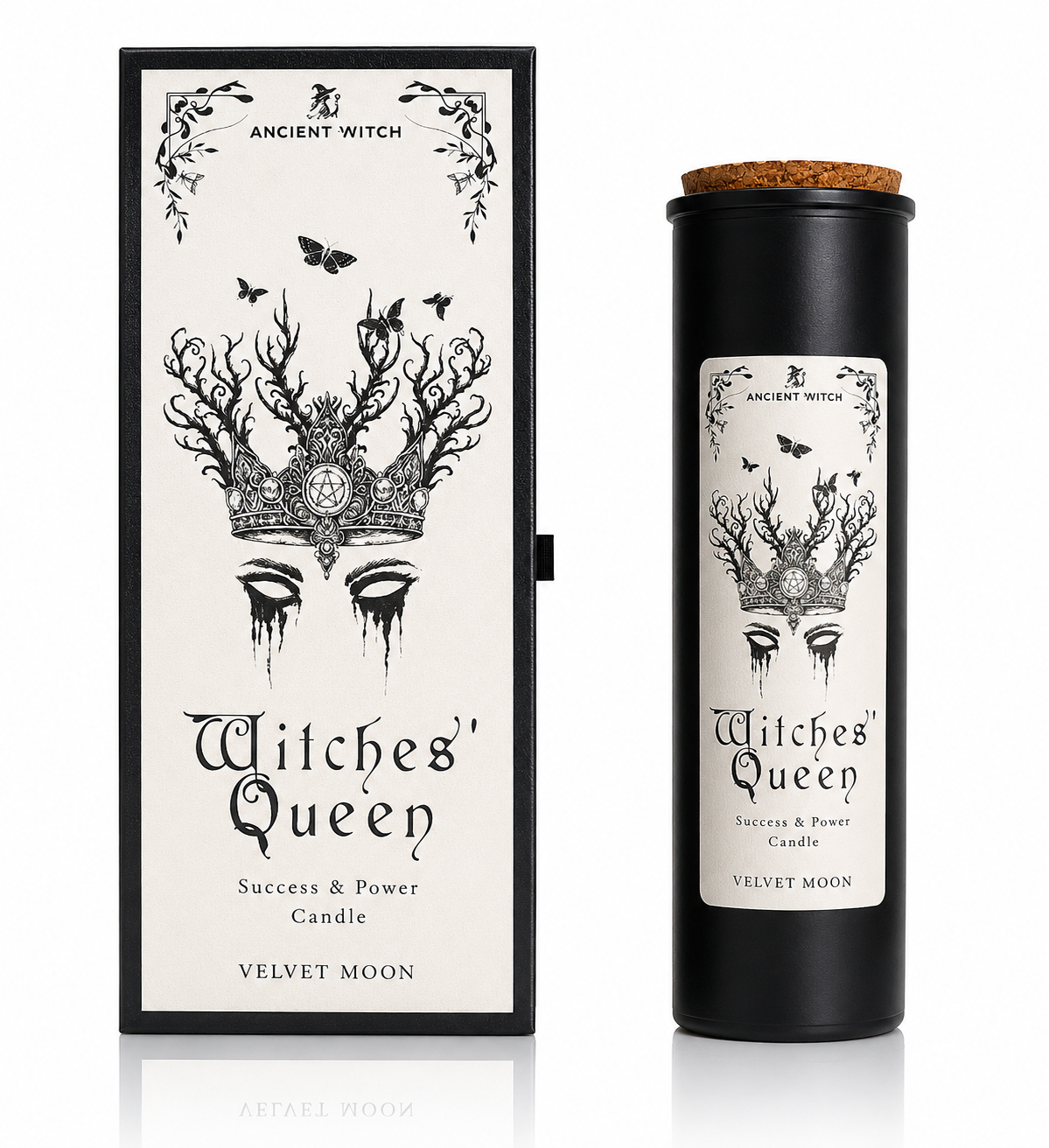 Witches' Queen candle packaging with black and white design on a white background