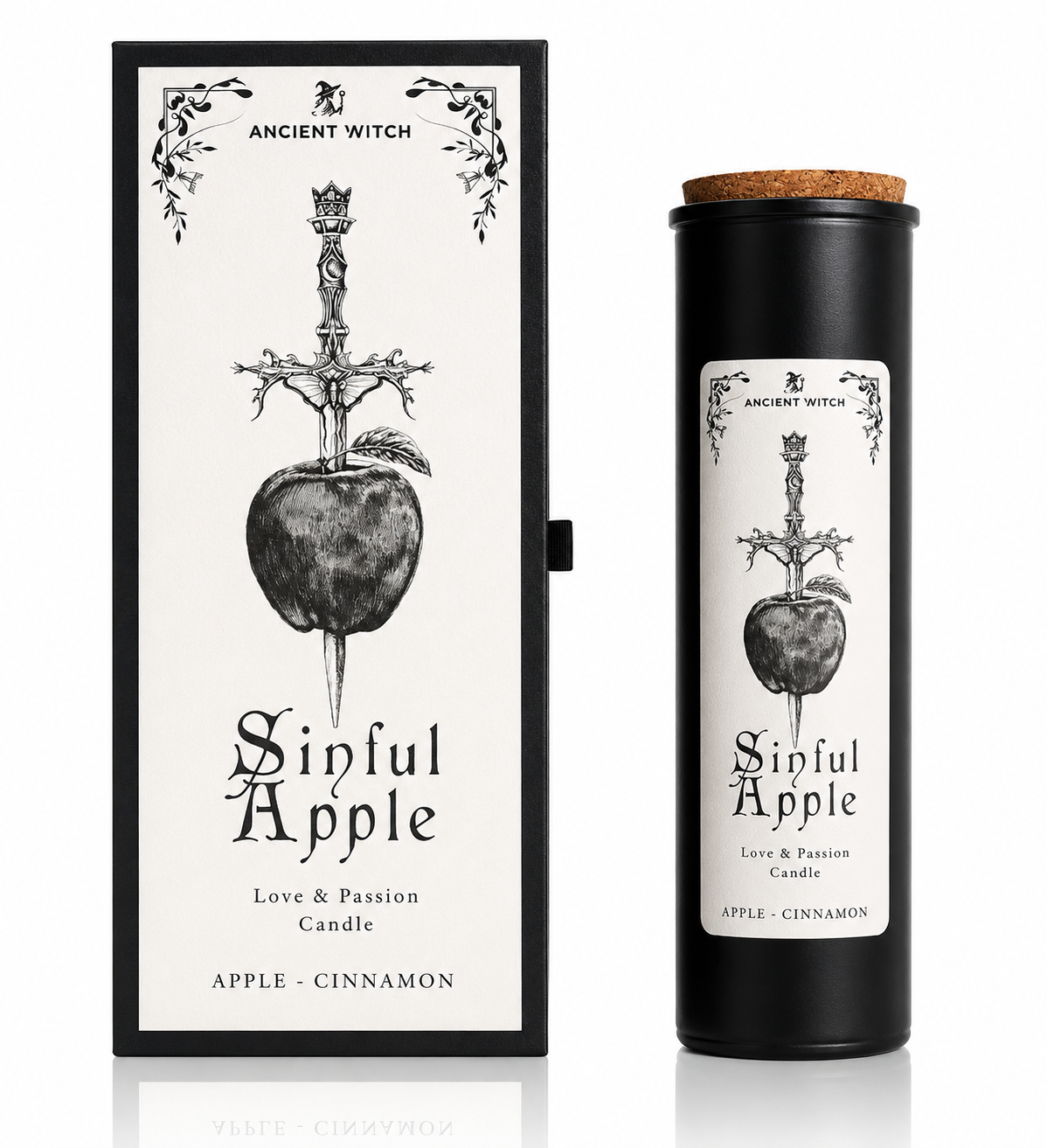 Candle packaging for 'Sinful Apple' with black and white design on a white background
