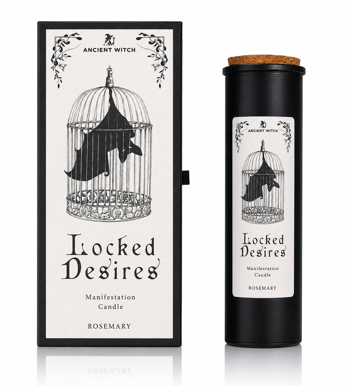 Manifestation candle packaging with 'Locked Desires' label and black bird in a cage illustration.
