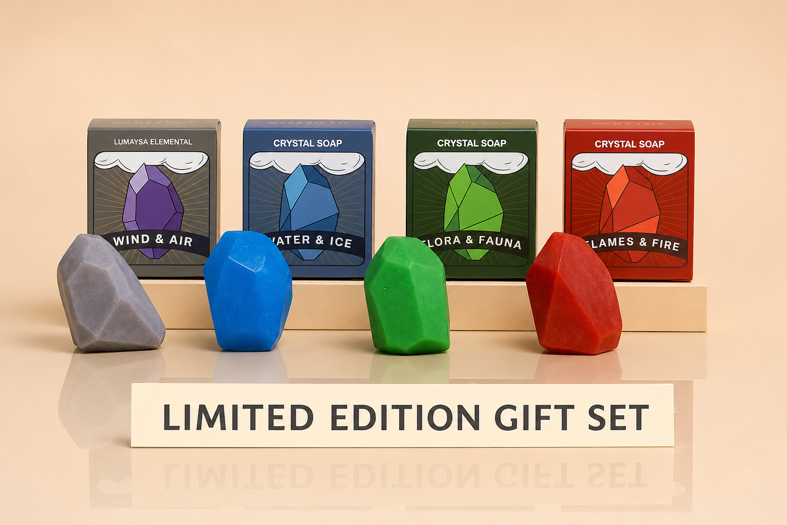 Set of colorful soap bars and packaging on a beige background with 'Limited Edition Gift Set' text.