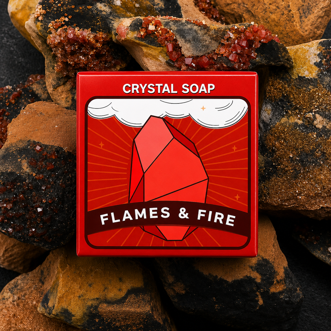 Crystal soap packaging with 'Flames & Fire' design on a rocky background