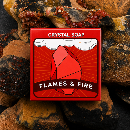 Crystal soap packaging with 'Flames & Fire' design on a rocky background