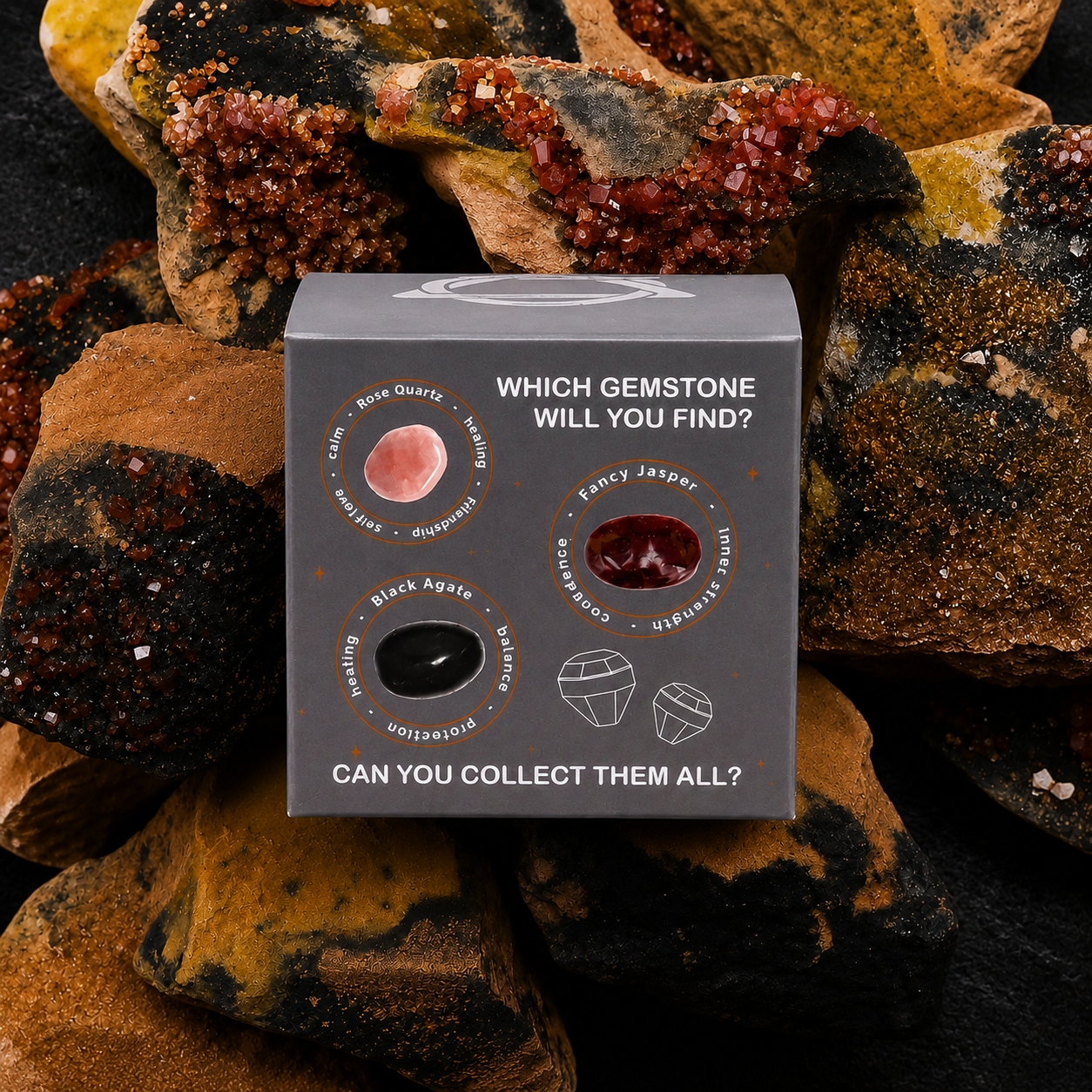 Box of gemstones with a question about finding a specific gemstone against a background of colorful rocks.