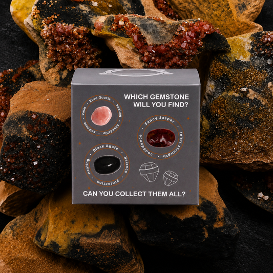 Box of gemstones with a question about finding a specific gemstone against a background of colorful rocks.