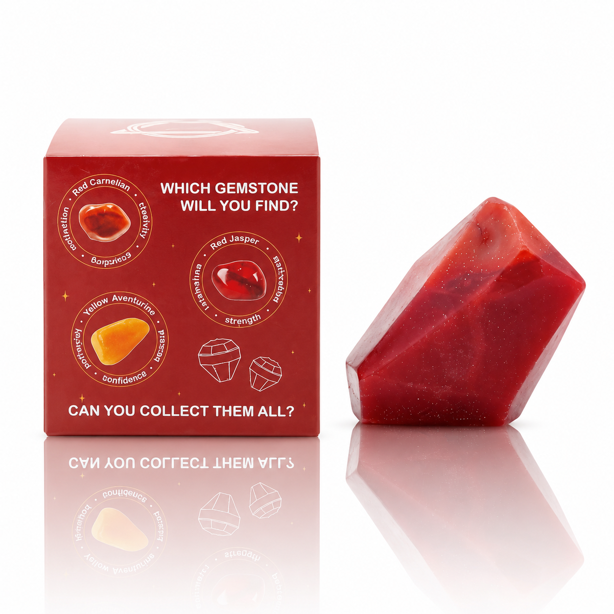 Red gemstone-shaped soap with packaging featuring gemstone illustrations on a white background