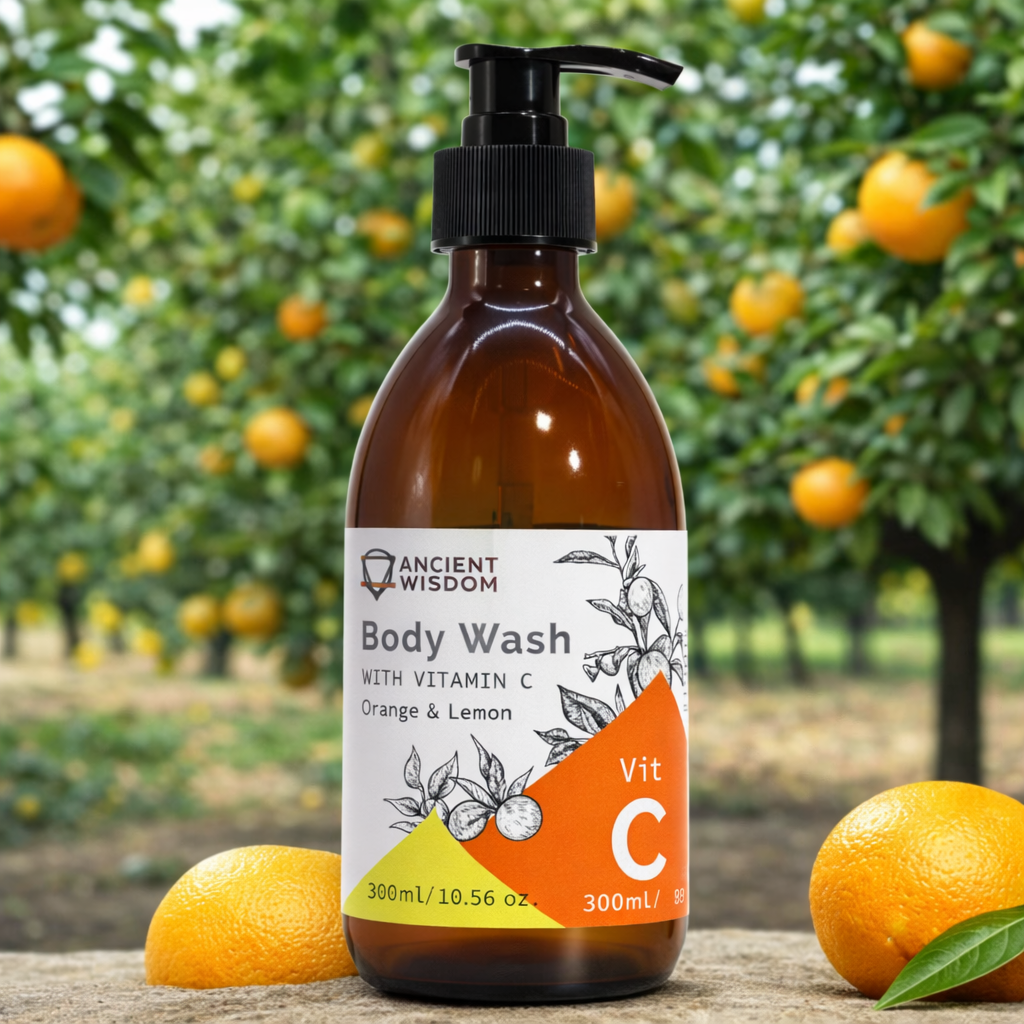 Lumaysa Citrus Glow Body Wash with Vitamin C in amber pump bottle placed outdoors with fresh oranges and green citrus trees in the background