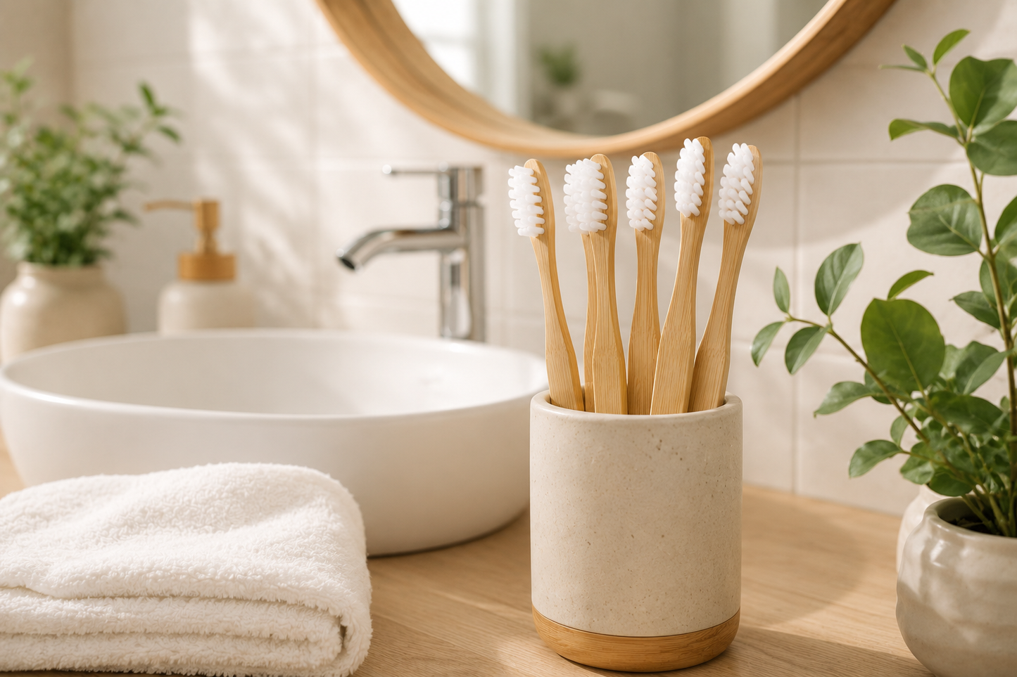 Bamboo toothbrushes in a ceramic holder on a bathroom counter with a sink and mirror in the background.