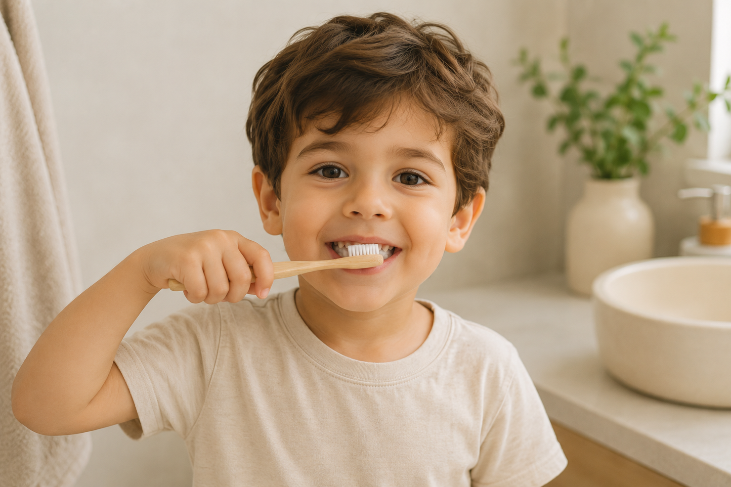 Child brushing teeth in a bathroom setting