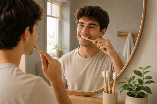 Man brushing his teeth in front of a mirror in a bathroom.