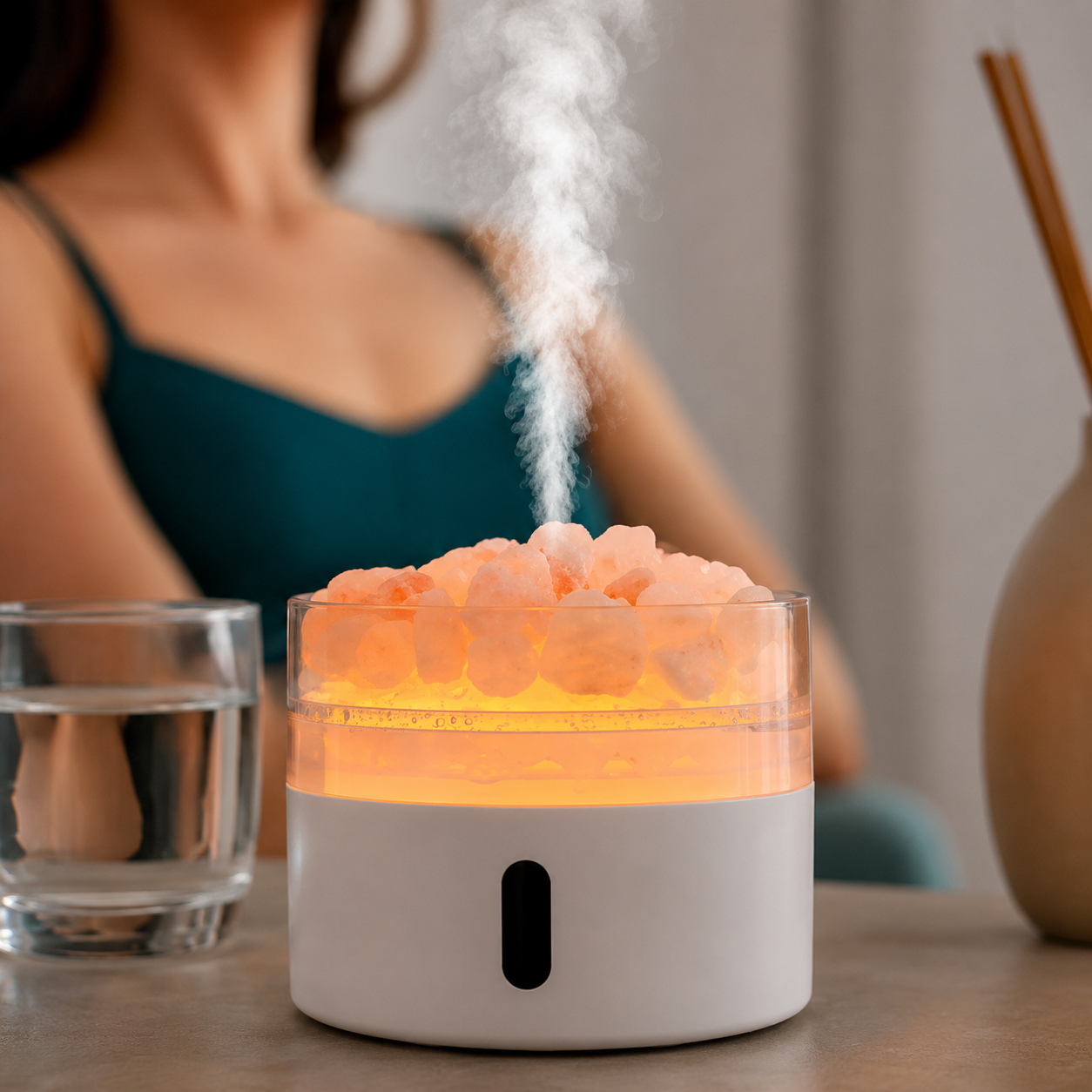 Himalayan salt lamp emitting steam on a table with a blurred person in the background.