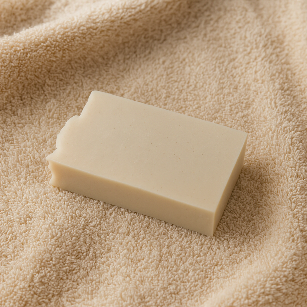 Lumaysa Heritage Bar – Donkey Milk & Olive Oil natural handmade soap, creamy off-white rectangular bar, photographed on a soft towel background.