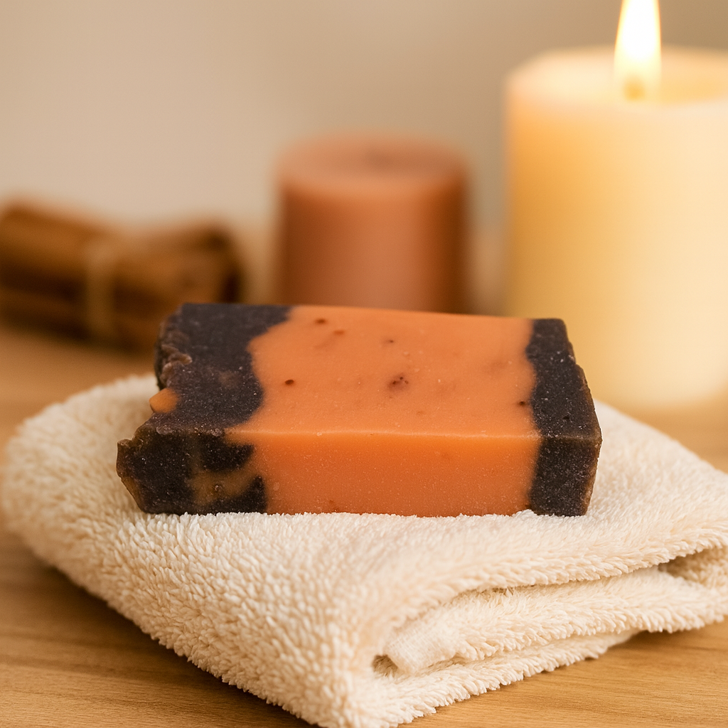 Cinnamon & Orange Glow Bar soap on a towel with candle, spa scene