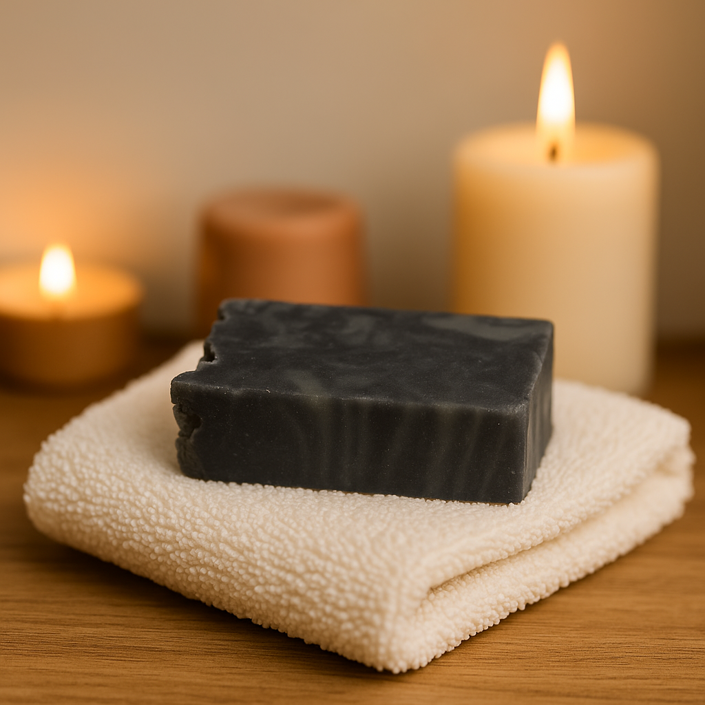 Lumaysa Dead Sea Mud & Olive Oil Soap on a cream towel with spa candles, handcrafted bar
