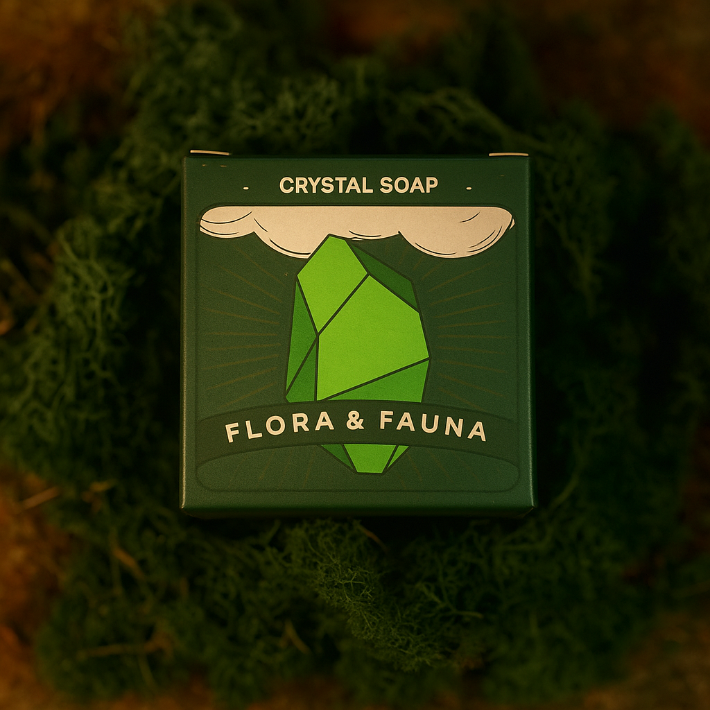 Lumaysa Flora & Fauna Crystal Soap box resting on lush green moss; eco-luxury artisan packaging inspired by nature and grounding energy