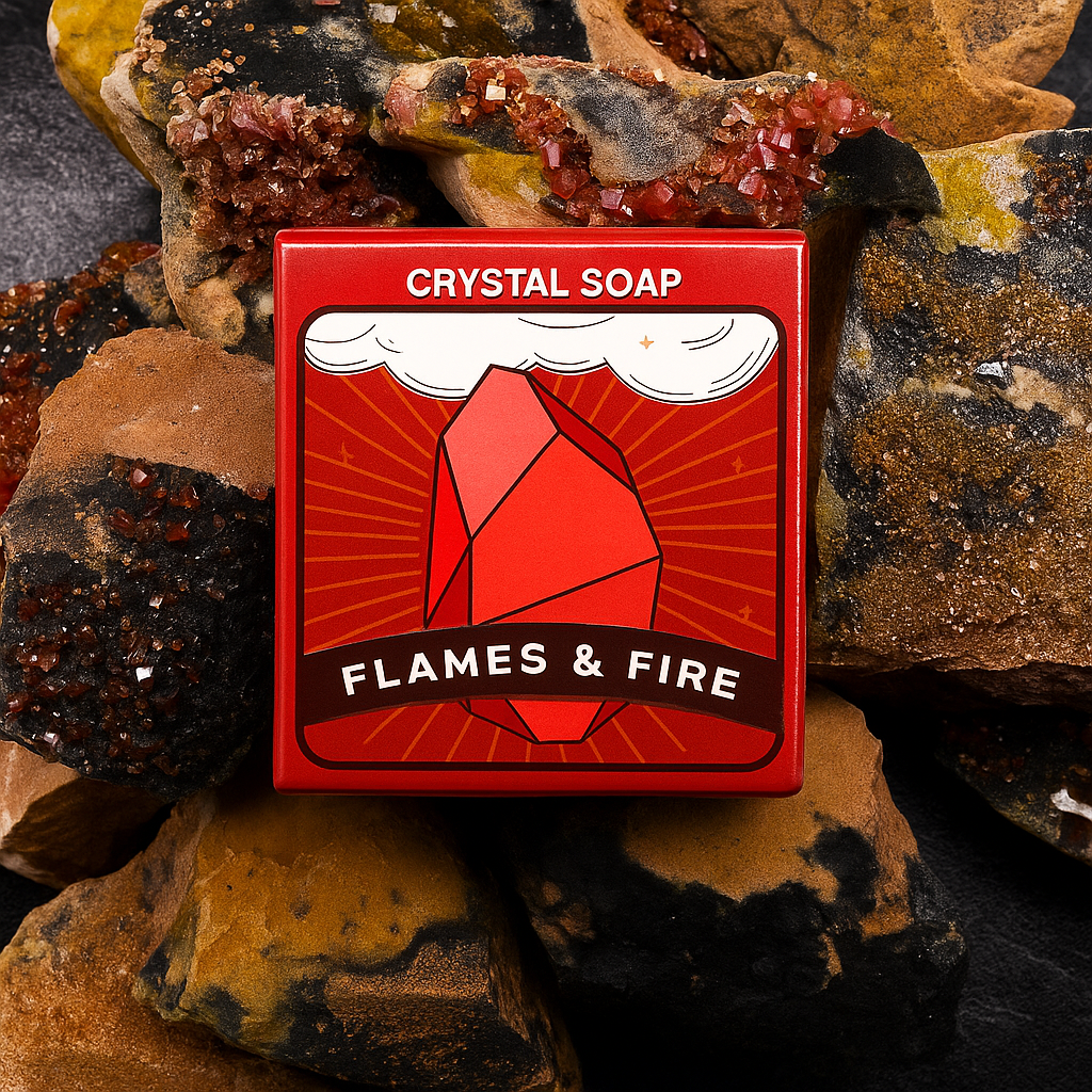 Flames & Fire box close-up on mineral rocks; vivid red packaging, artisan crystal soap by Lumaysa
