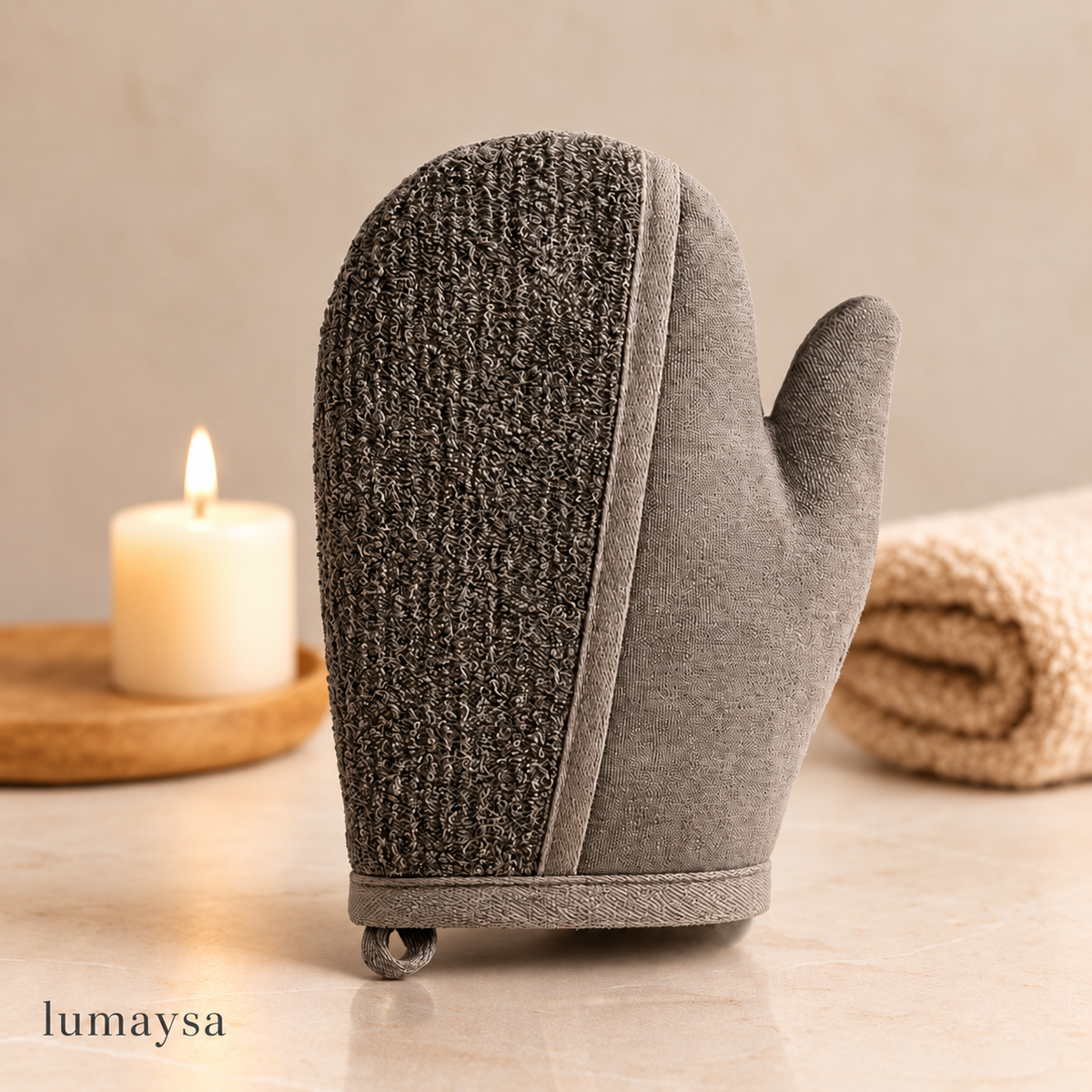 Charcoal-grey bamboo and linen exfoliating bath glove on a beige surface with a subtle reflection, candle and rolled towel in the background.