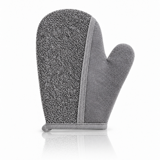 Charcoal-grey bamboo and linen exfoliating bath glove on a white background with a subtle reflection.