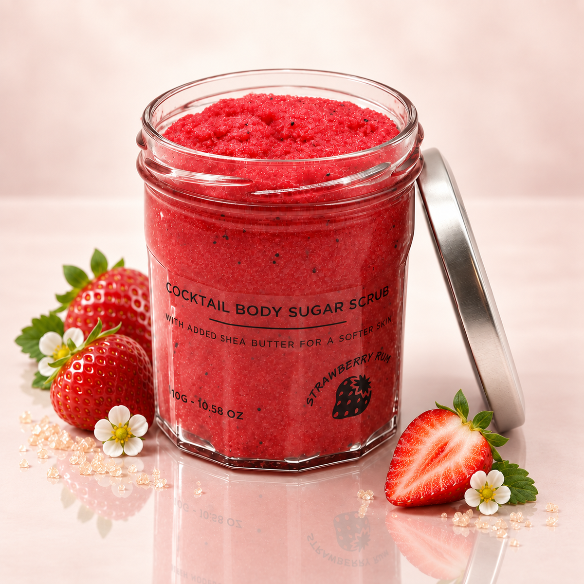 Open Strawberry Rum sugar body scrub with shea butter, fresh strawberries and silver lid