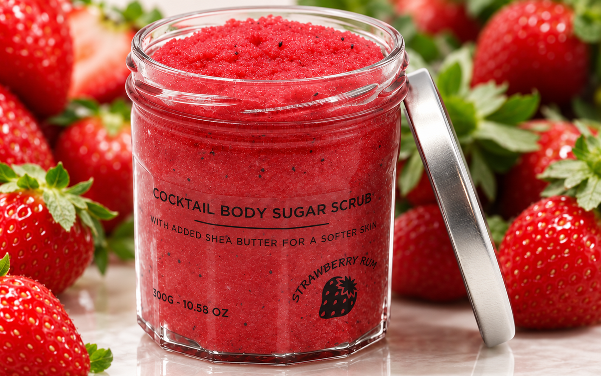 Lumaysa Berry Bliss Strawberry Rum Sugar Body Scrub – 300g jar surrounded by fresh strawberries, vibrant red exfoliating texture.