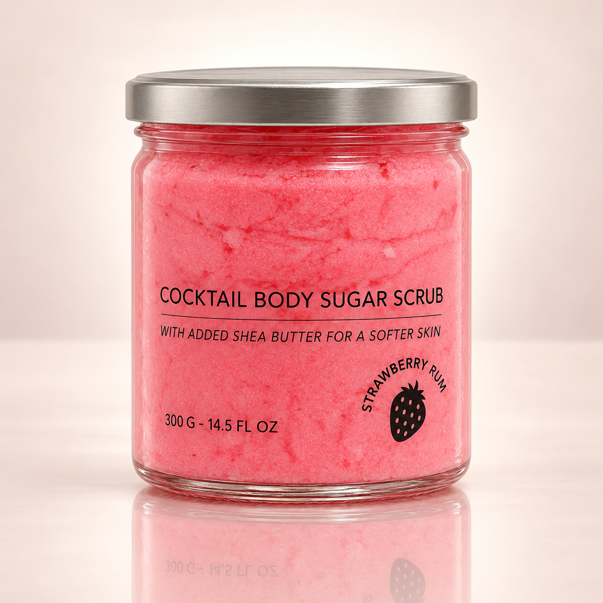 Lumaysa Berry Bliss – 300g Strawberry Rum Sugar Body Scrub displayed on a white marble background, showing a creamy red exfoliating blend.