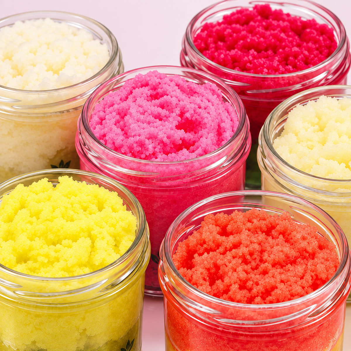 Assorted Lumaysa sugar body scrubs displayed in glass jars – colourful peach, strawberry, and citrus exfoliating scrubs arranged together.