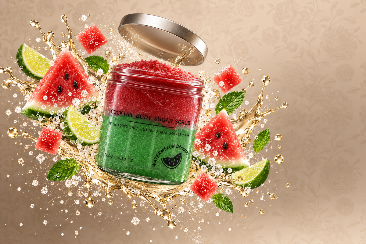 Watermelon Daiquiri sugar body scrub in a red-and-green glass jar, surrounded by watermelon, lime, mint, sugar crystals and a golden splash.