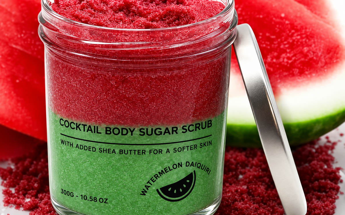 Lumaysa Tropical Crush – Watermelon Daiquiri Sugar Body Scrub in a two-tone red and green jar with a watermelon background.