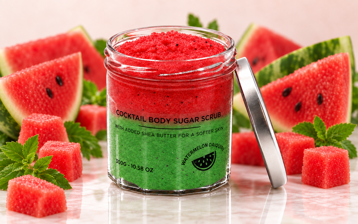 Watermelon Daiquiri sugar body scrub in a red-and-green glass jar with an open silver lid, surrounded by fresh watermelon and a clean reflection.