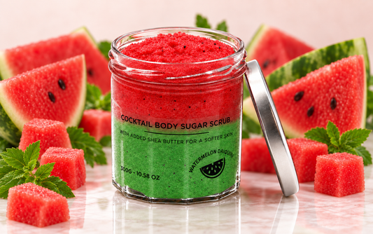Watermelon Daiquiri sugar body scrub in a red-and-green glass jar with an open silver lid, surrounded by fresh watermelon and a clean reflection.