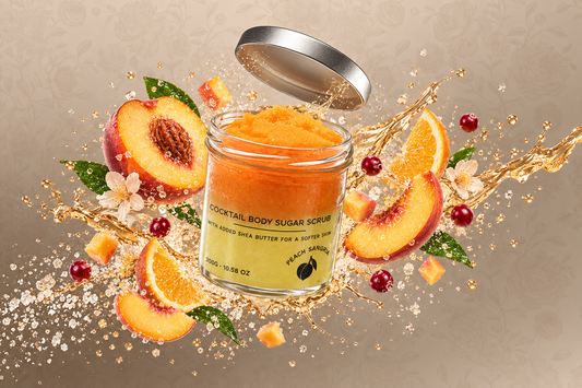 Peach Sangria sugar body scrub with fresh peaches, citrus, red berries, sugar crystals and a golden splash.