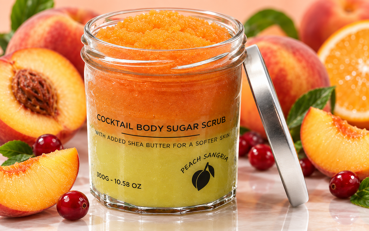 Peach Sangria sugar body scrub in an orange-and-yellow glass jar with an open silver lid, surrounded by fresh peaches, citrus and red berries.
