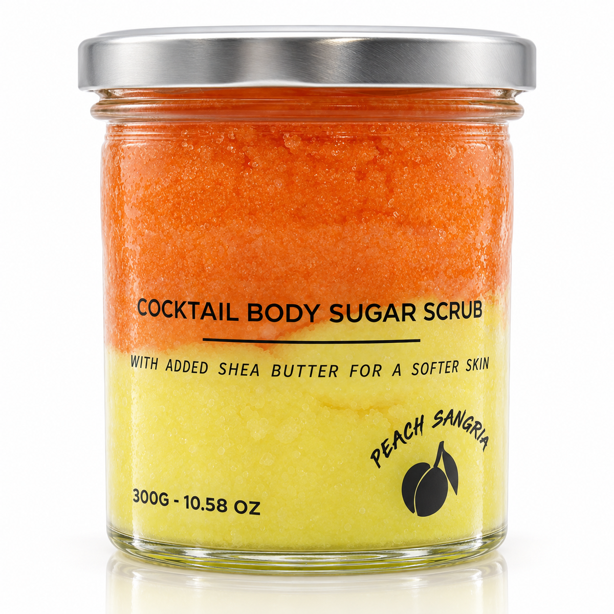 Lumaysa Sunset Glow Peach Sangria Sugar Body Scrub – vibrant two-tone sugar scrub in a glass jar with a silver lid, showing orange and yellow layers.