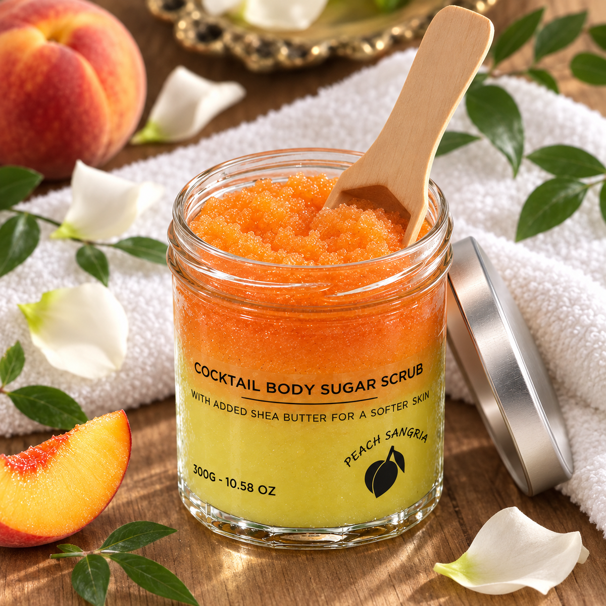 Open Peach Sangria sugar body scrub with a plain wooden scoop, displayed with fresh peaches, green leaves and soft white towels.