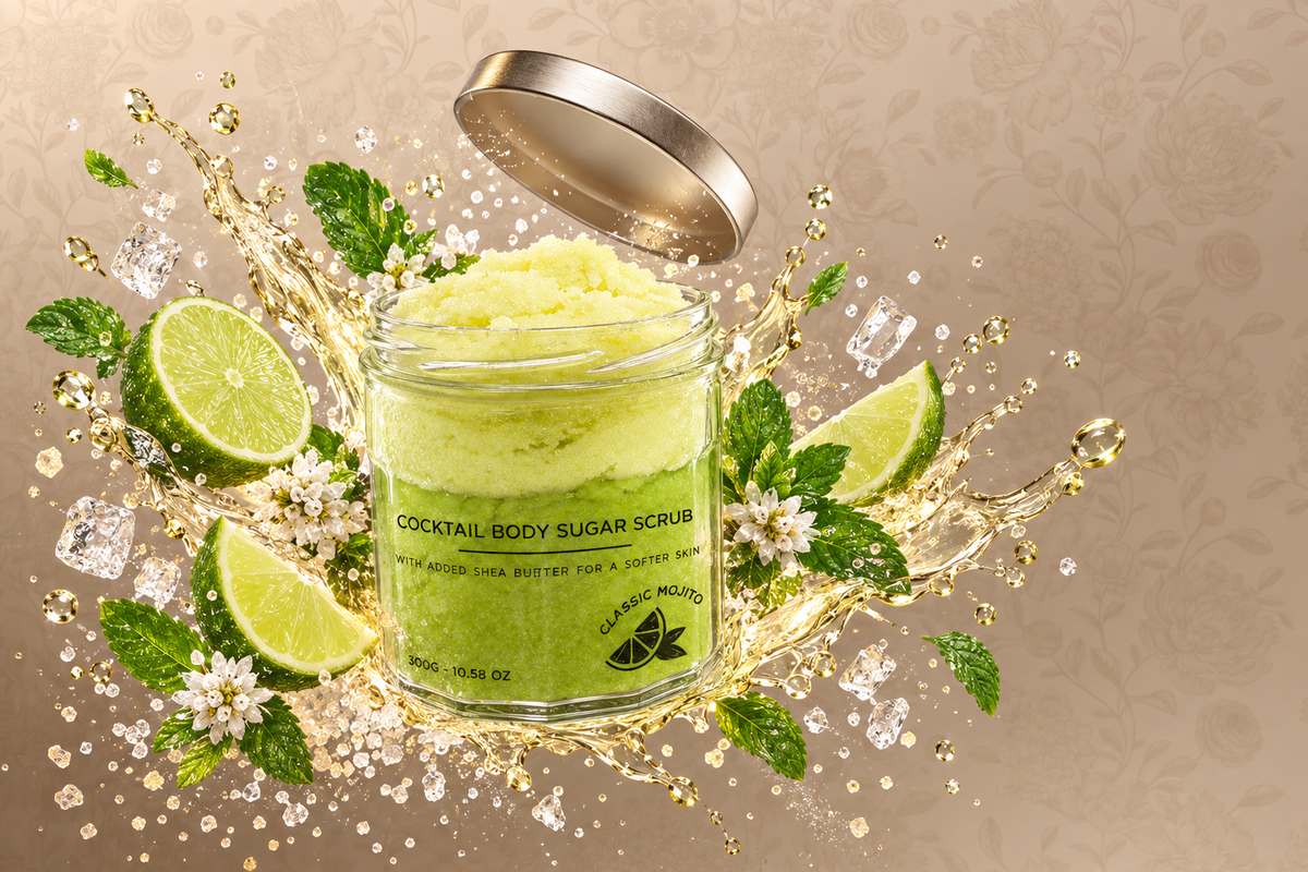 Classic Mojito sugar body scrub in a glass jar, surrounded by fresh lime slices, mint leaves, sugar crystals and a dynamic golden splash.