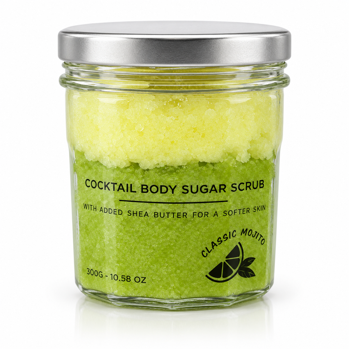Lumaysa Mint Bliss – Classic Mojito Sugar Body Scrub in a glass jar showing green layered texture and natural ingredients.