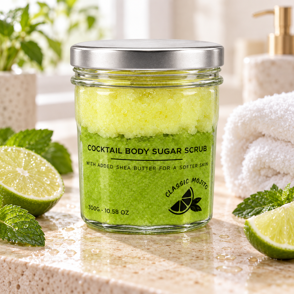 Classic Mojito sugar body scrub in a glass jar styled with fresh lime slices, mint leaves and a white towel in a bright spa setting.
