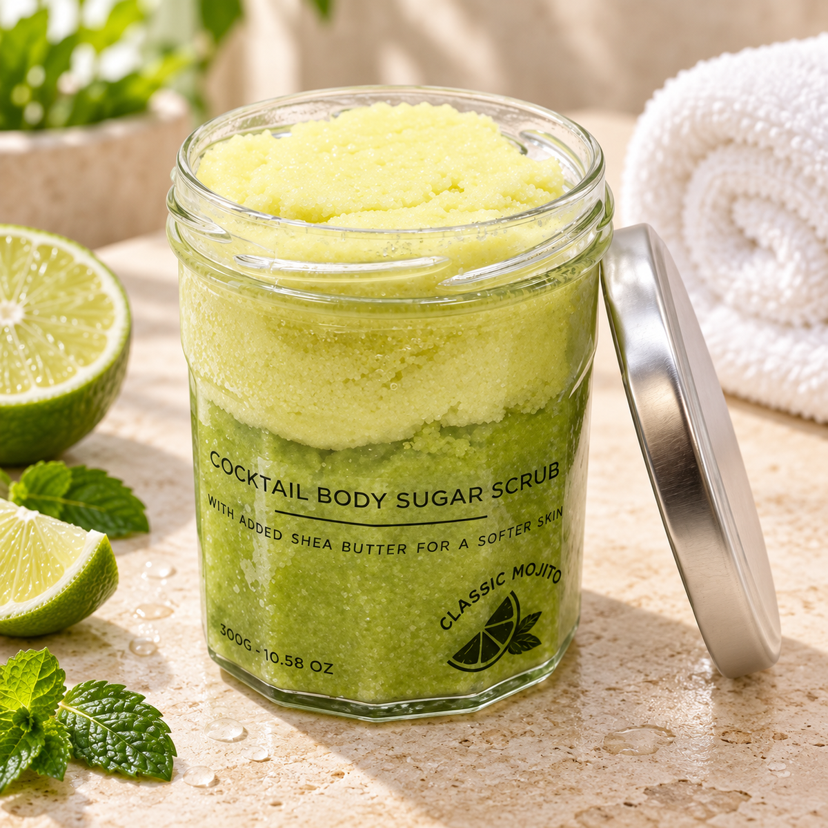 Open Classic Mojito sugar body scrub jar with lime slices, mint leaves and a white towel in a bright spa setting.