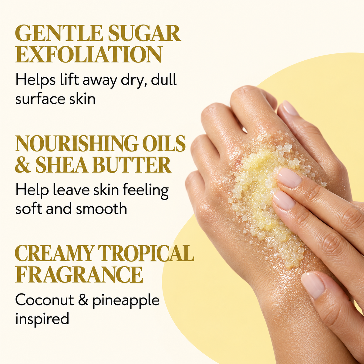Piña Colada sugar body scrub benefits with hands applying the scrub, highlighting gentle exfoliation, nourishing oils and shea butter, and a coconut-pineapple fragrance.