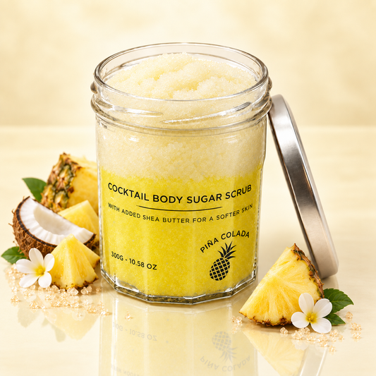 Open Piña Colada sugar body scrub jar with pineapple, coconut, white flowers and sugar crystals on a softly reflective cream background.