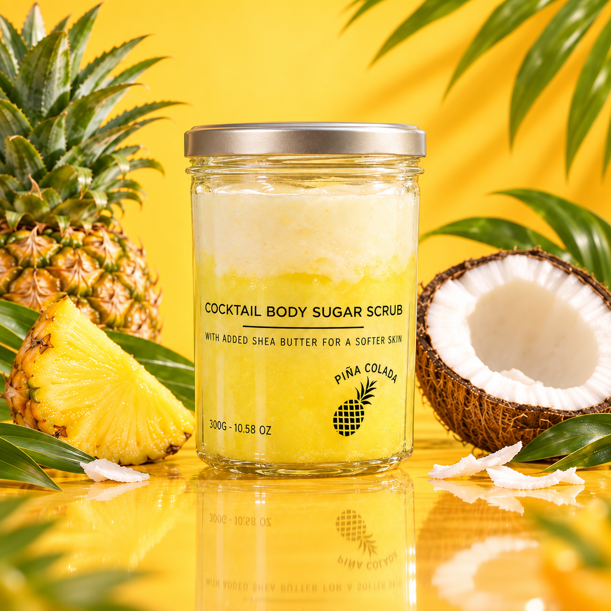 Piña Colada sugar body scrub in a glass jar, styled with fresh pineapple, coconut and tropical leaves against a bright yellow background.