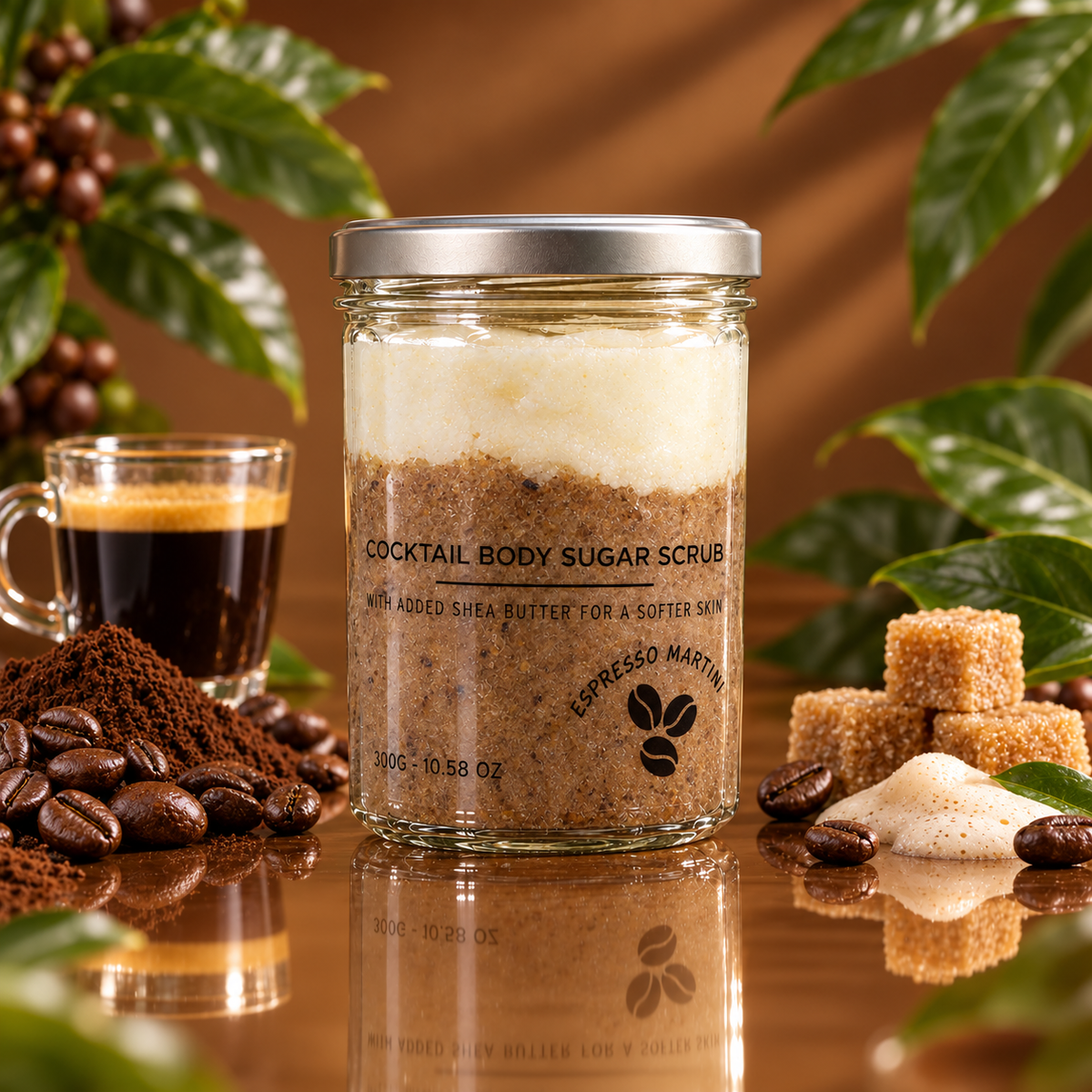 Espresso Martini sugar body scrub in a glass jar styled with coffee beans, espresso, brown sugar cubes and cream on a reflective mocha background.