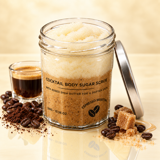 Espresso Martini sugar body scrub in an open glass jar, styled with roasted coffee beans, espresso, brown sugar and coffee grounds.
