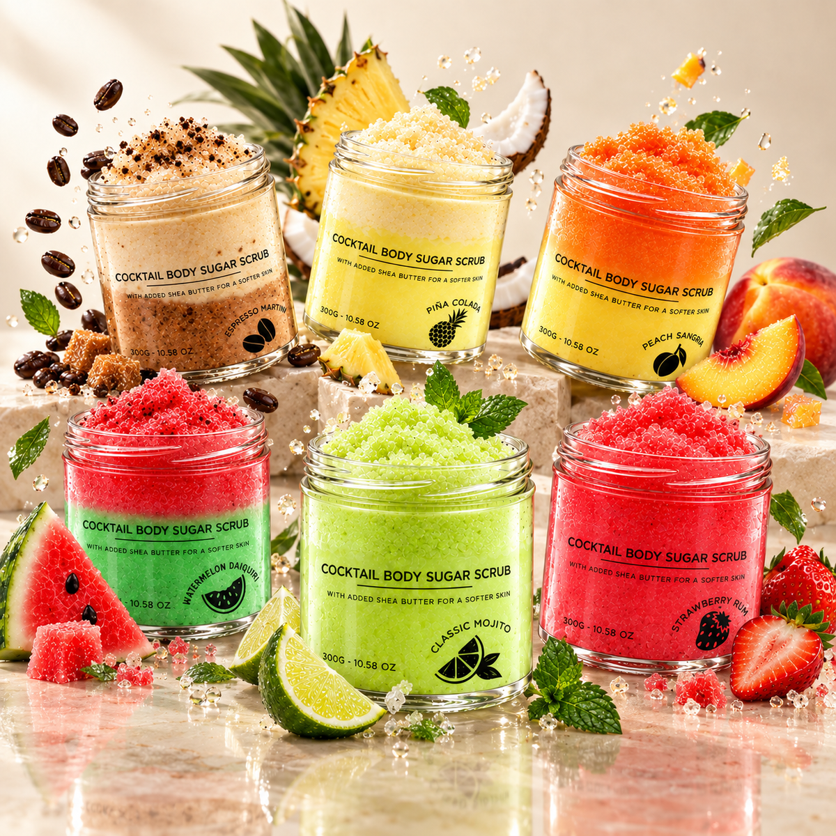 Six cocktail sugar body scrubs with shea butter, fresh fruits and coffee on a light beige background